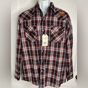 ELY CATTLEMAN NWT Western Pearl Snap Red & Black Plaid Shirt
